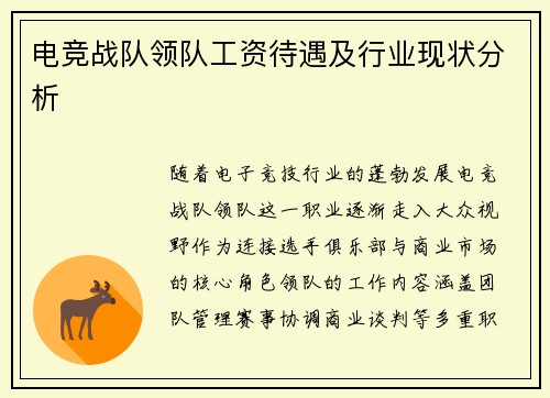 电竞战队领队工资待遇及行业现状分析