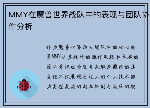MMY在魔兽世界战队中的表现与团队协作分析