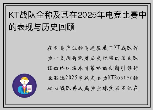 KT战队全称及其在2025年电竞比赛中的表现与历史回顾